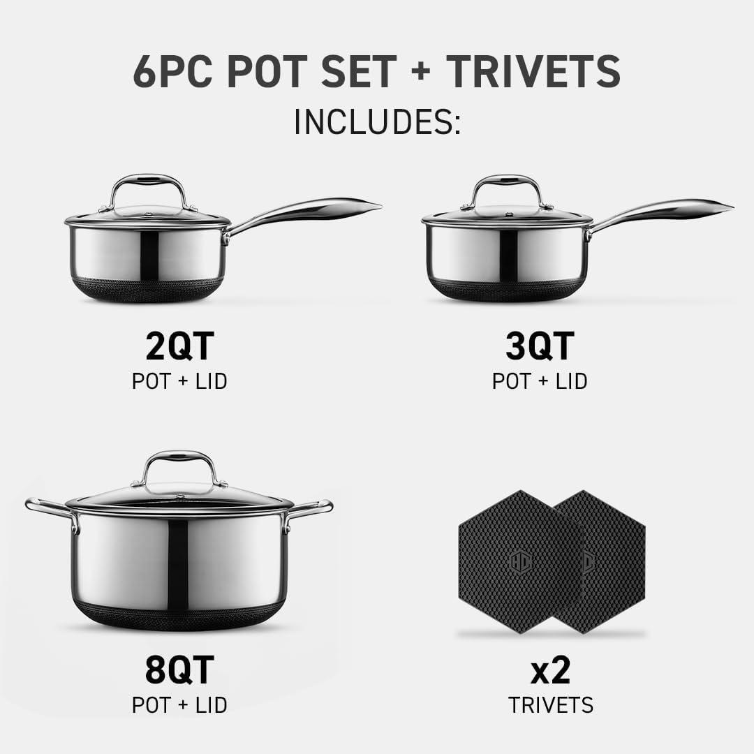 Hybrid Nonstick 6-Piece Pot Set with 2 Silicone Trivets, 2, 3, and 8-Quart Pots with Tempered Glass Lids, Stay-Cool Handles, Dishwasher-Friendly, Induction Ready, Compatible with All Cooktops
